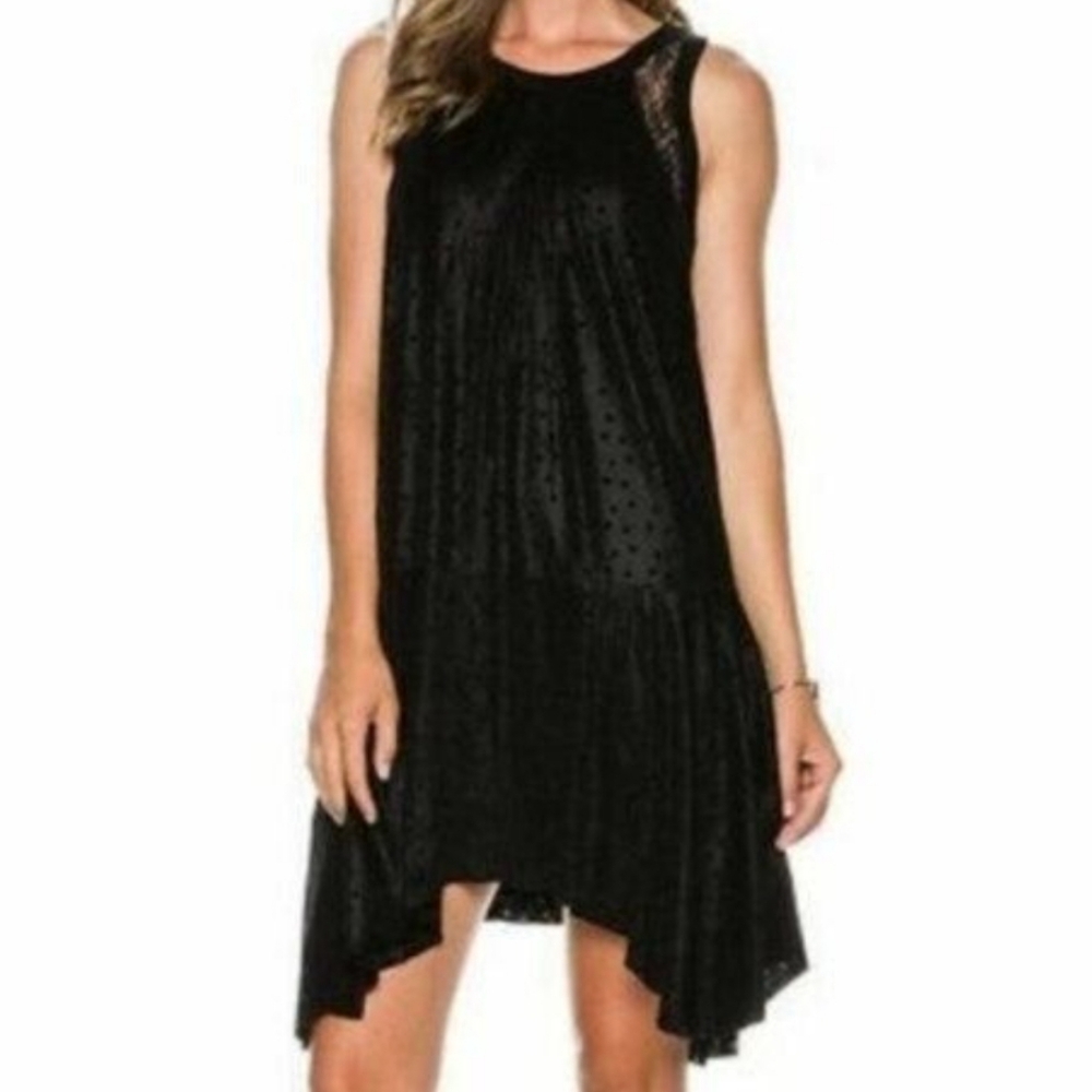 Free People Women's Embossed Polka-Dot Lace-Inset Dress Black Size S